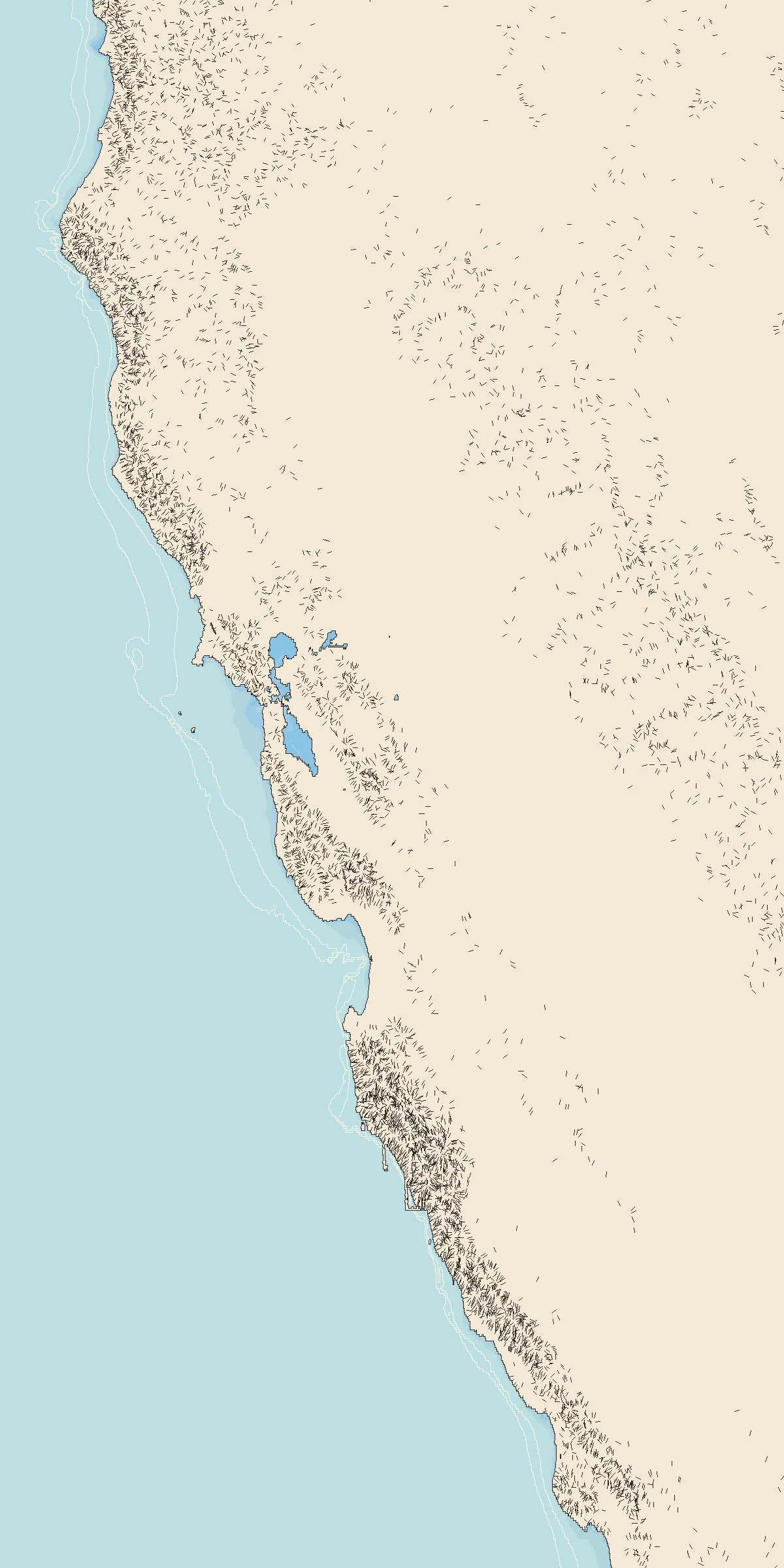 Illustrated north-up map of Northern California, drawn from real elevation data