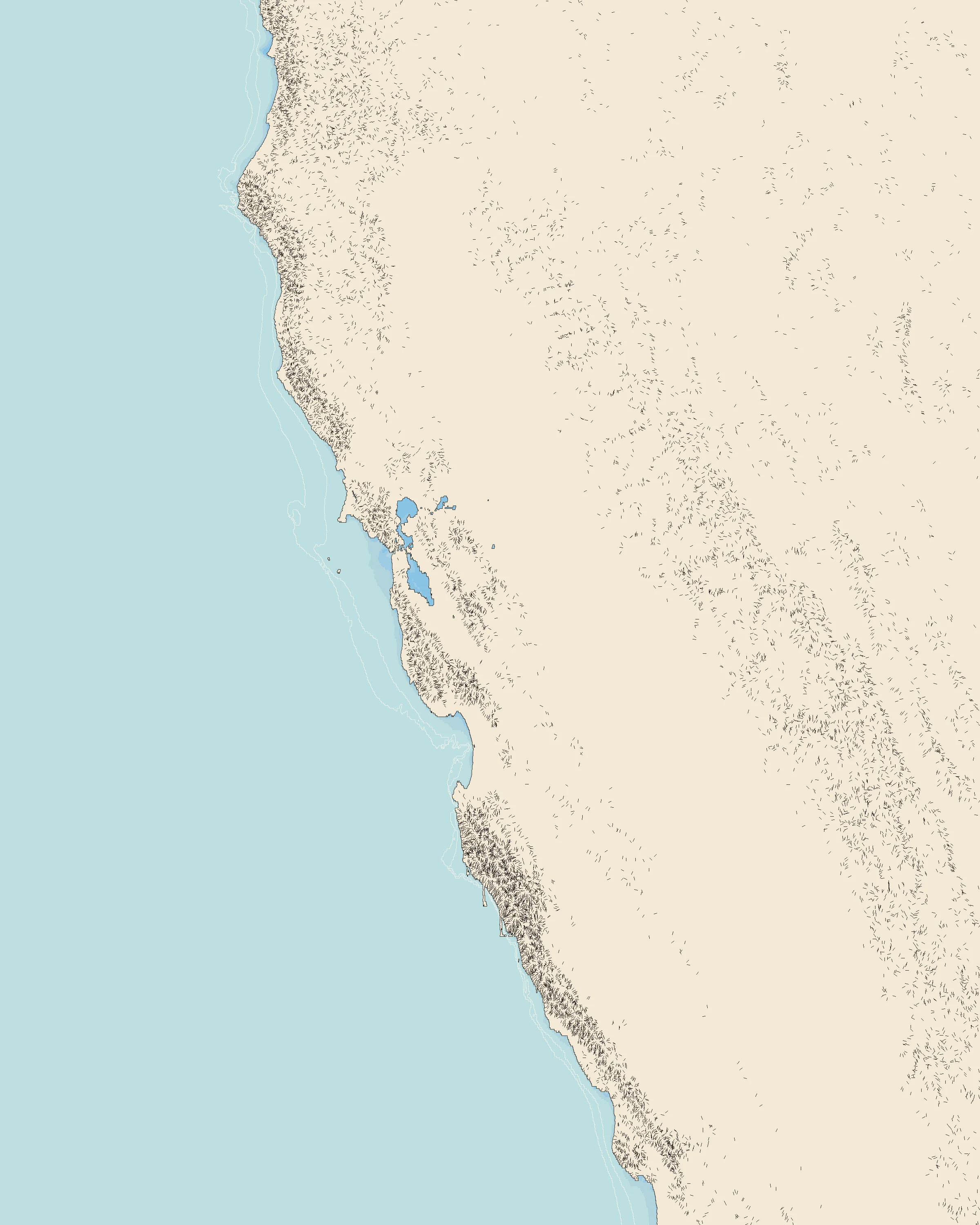 Illustrated north-up map of Northern California, drawn from real elevation data