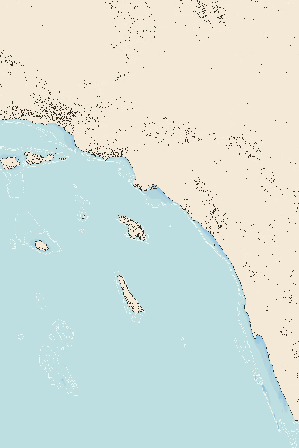 Illustrated north-up map of Southern California, drawn from real elevation data