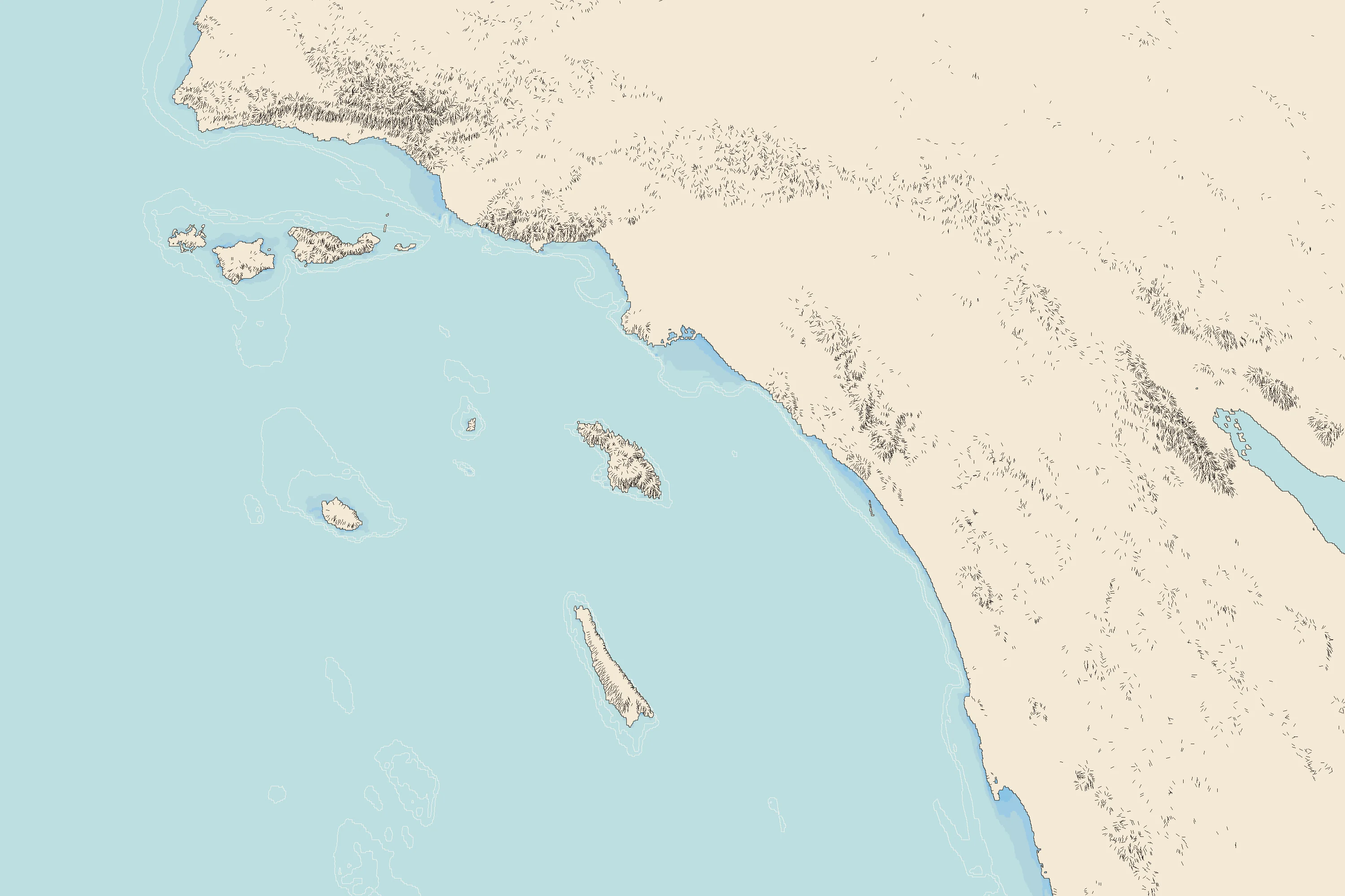 Illustrated north-up map of Southern California, drawn from real elevation data