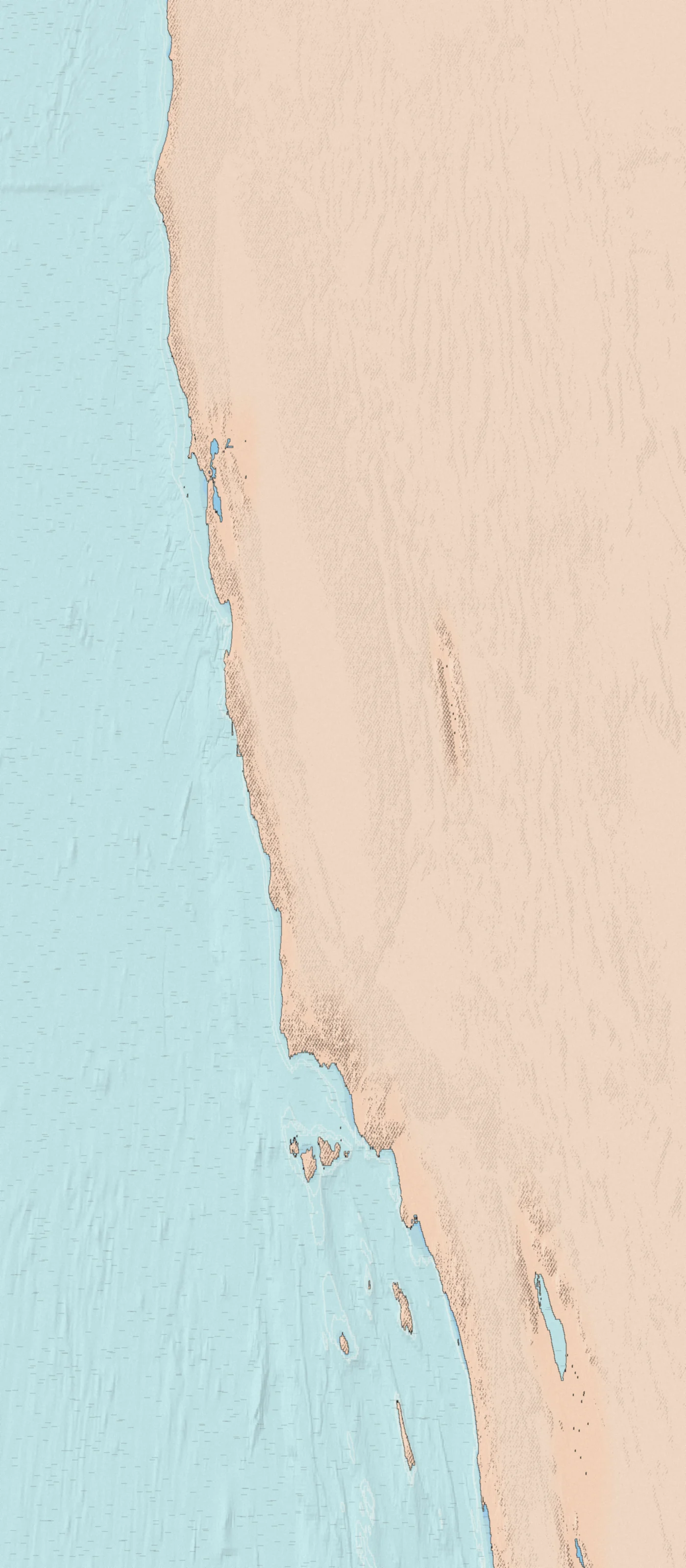 Illustrated bird's-eye map of the California coast, drawn from real elevation data