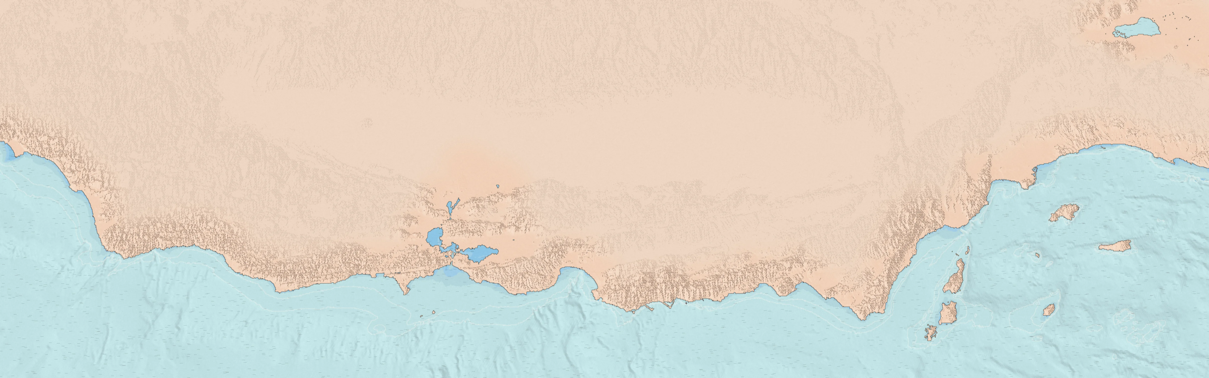 Illustrated bird's-eye map of the California coast, drawn from real elevation data