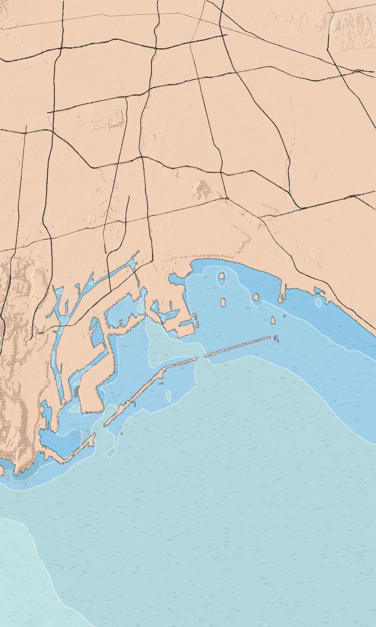 Illustrated bird's-eye map of the LA & Long Beach Harbor coast, drawn from real elevation and seafloor data