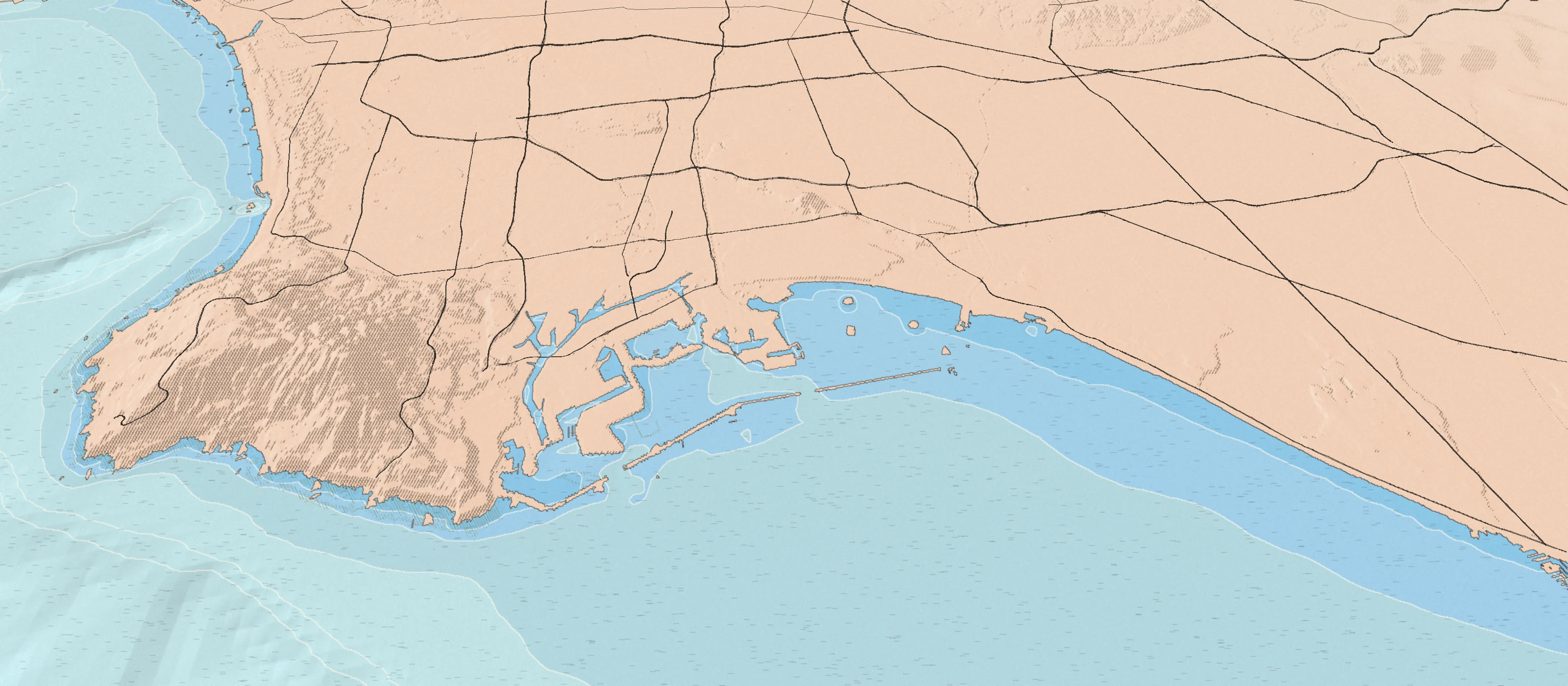Illustrated bird's-eye map of the LA & Long Beach Harbor coast, drawn from real elevation and seafloor data