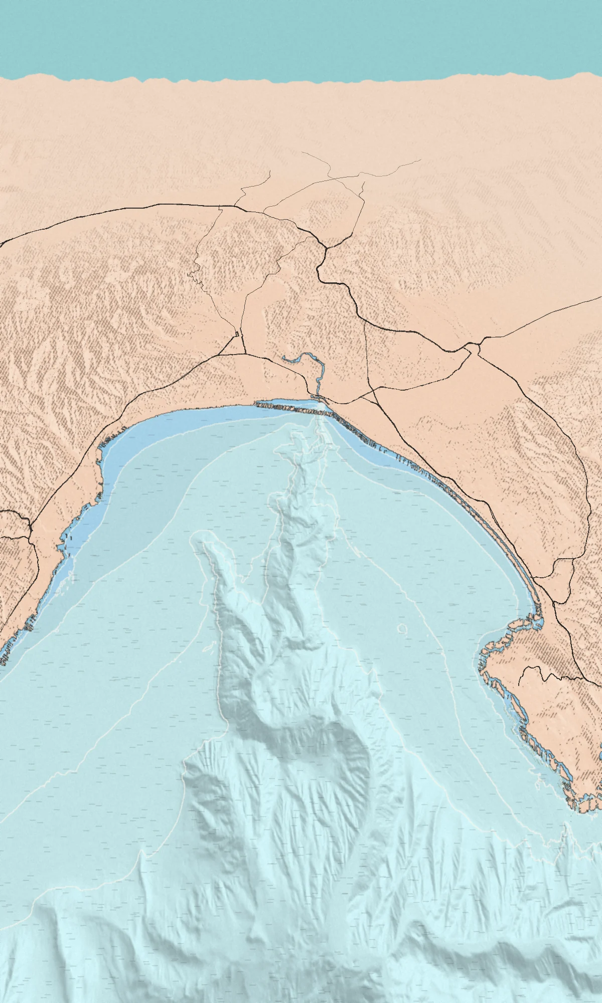 Illustrated bird's-eye map of the Monterey Bay coast, drawn from real elevation and seafloor data