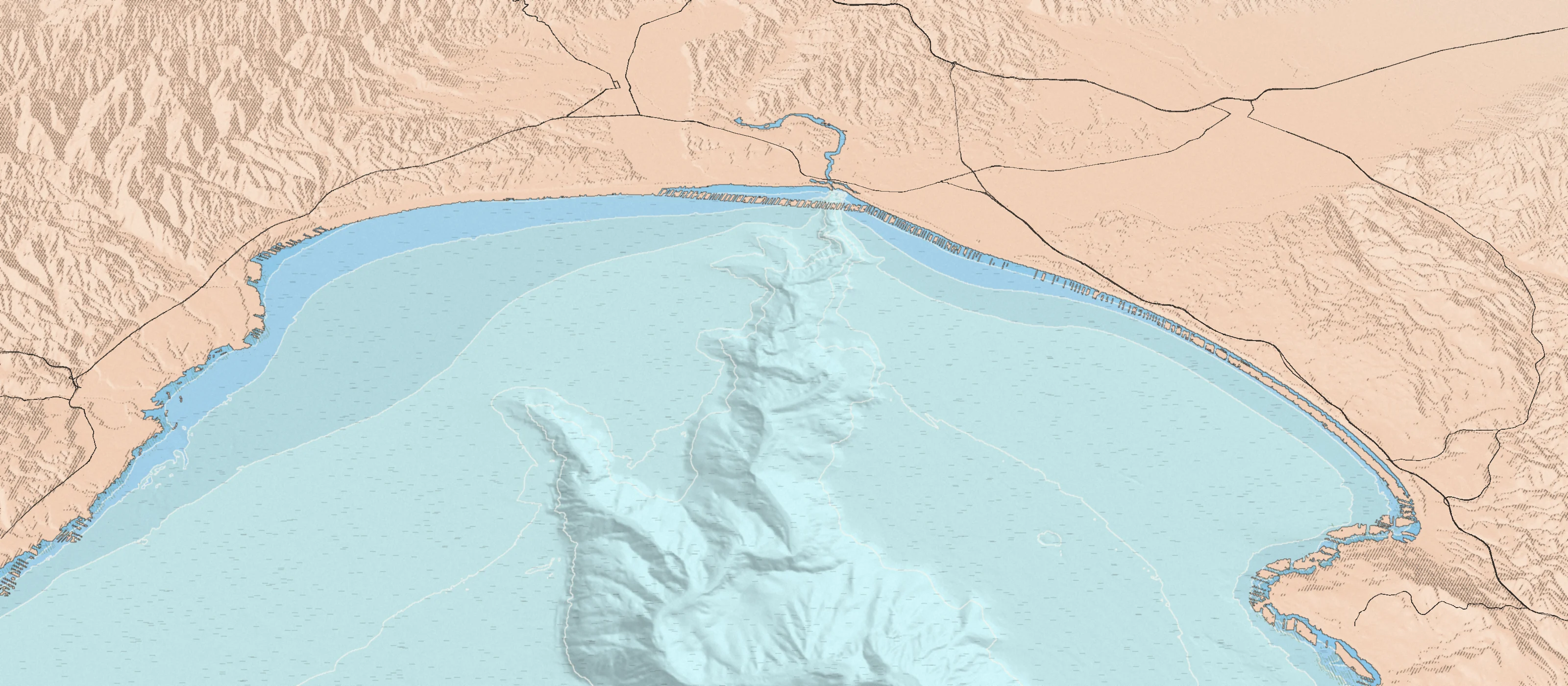 Illustrated bird's-eye map of the Monterey Bay coast, drawn from real elevation and seafloor data