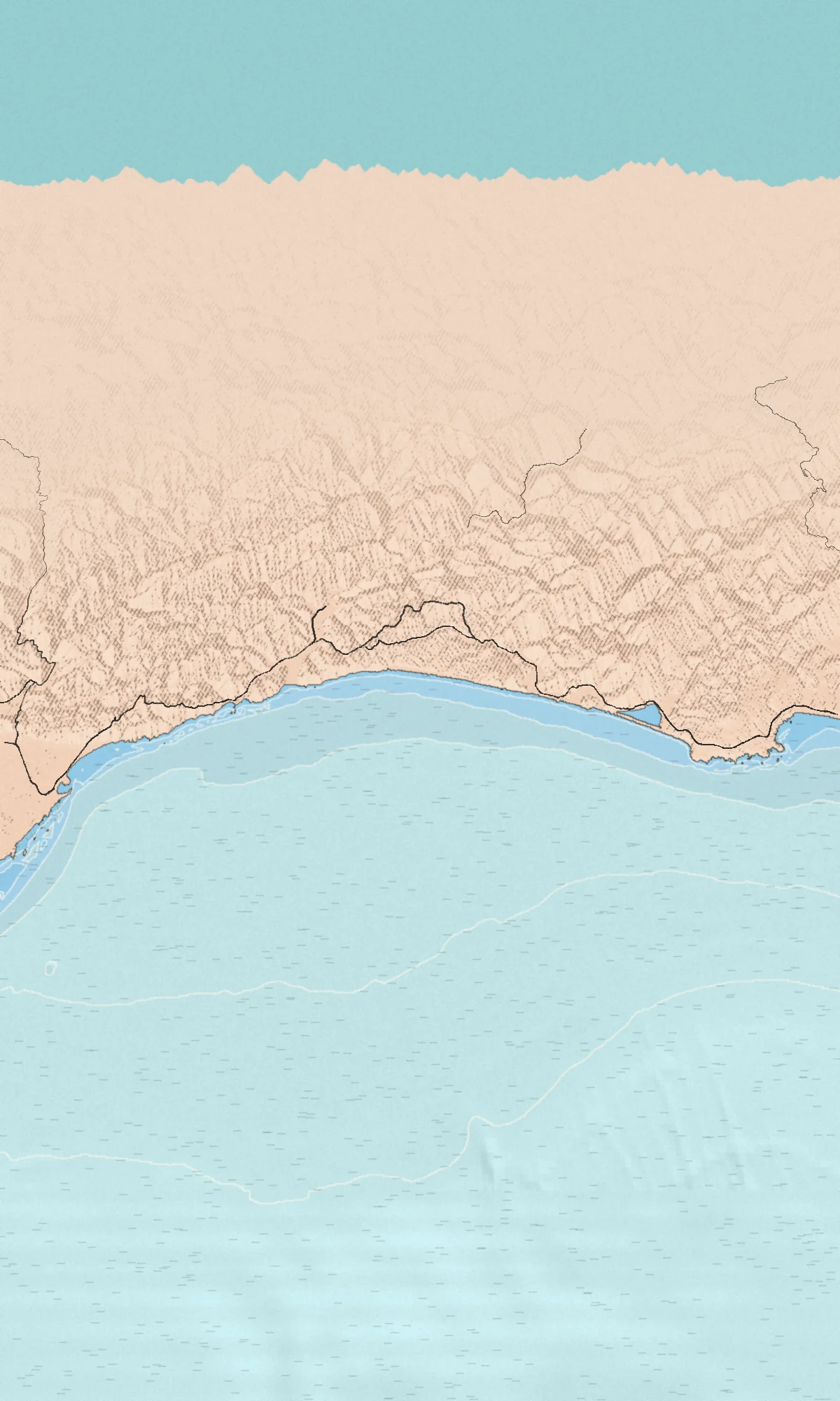 Illustrated bird's-eye map of the North Coast coast, drawn from real elevation and seafloor data