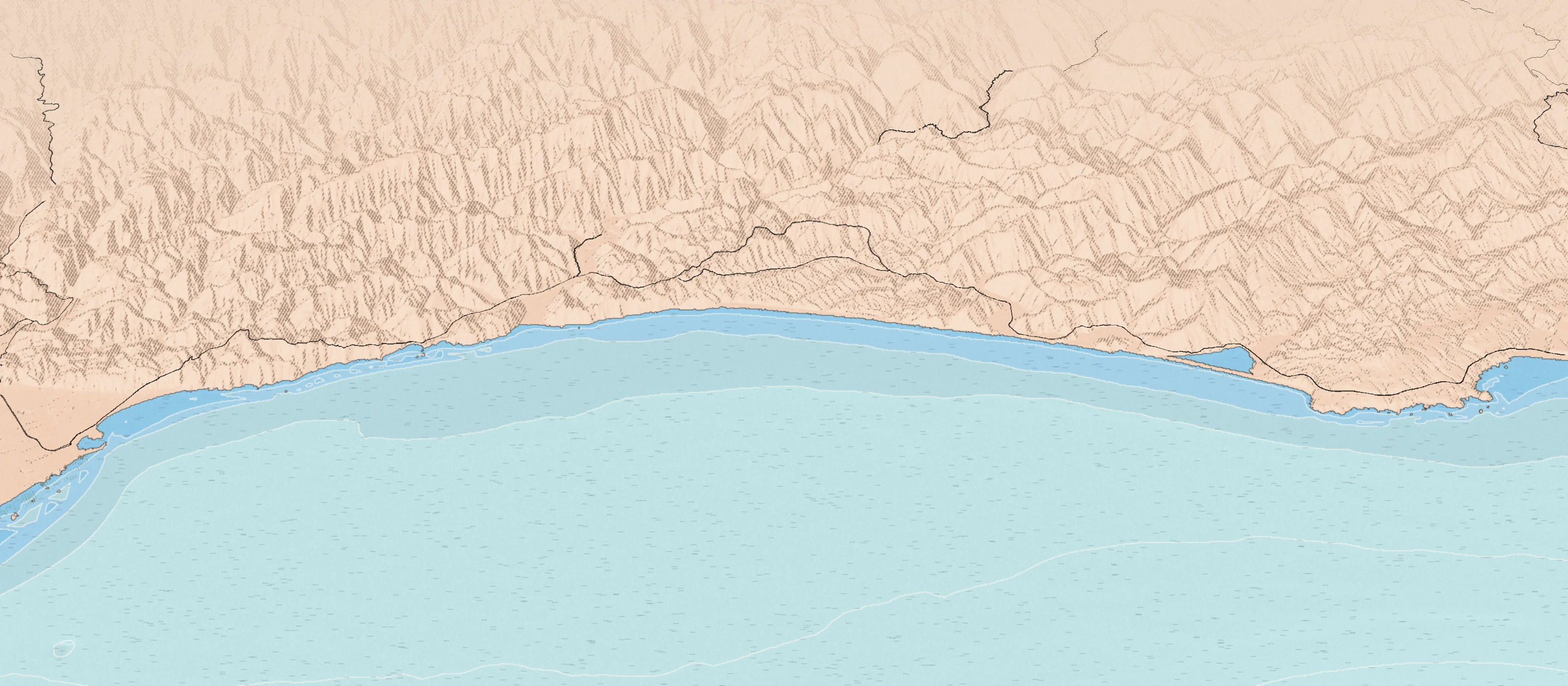 Illustrated bird's-eye map of the North Coast coast, drawn from real elevation and seafloor data