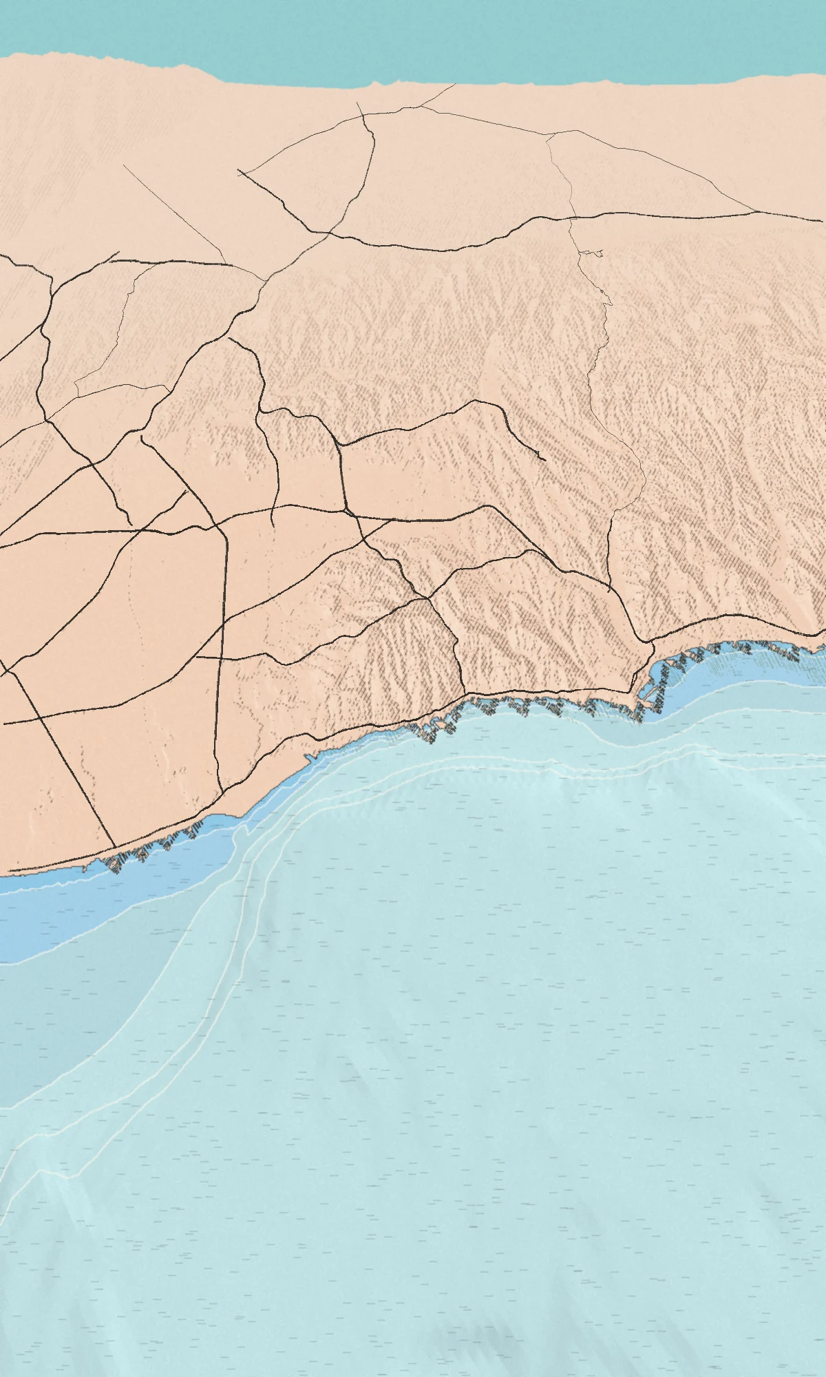 Illustrated bird's-eye map of the Orange County coast, drawn from real elevation and seafloor data