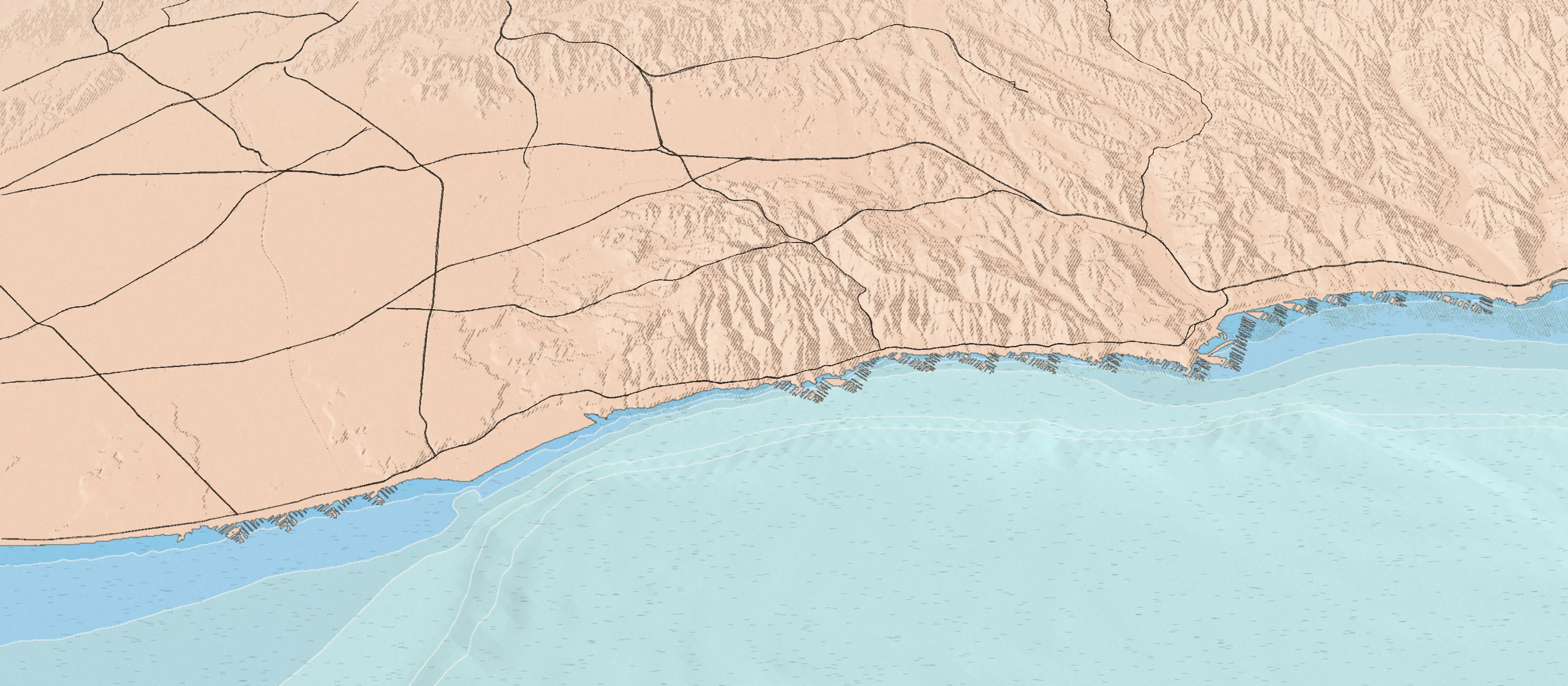 Illustrated bird's-eye map of the Orange County coast, drawn from real elevation and seafloor data