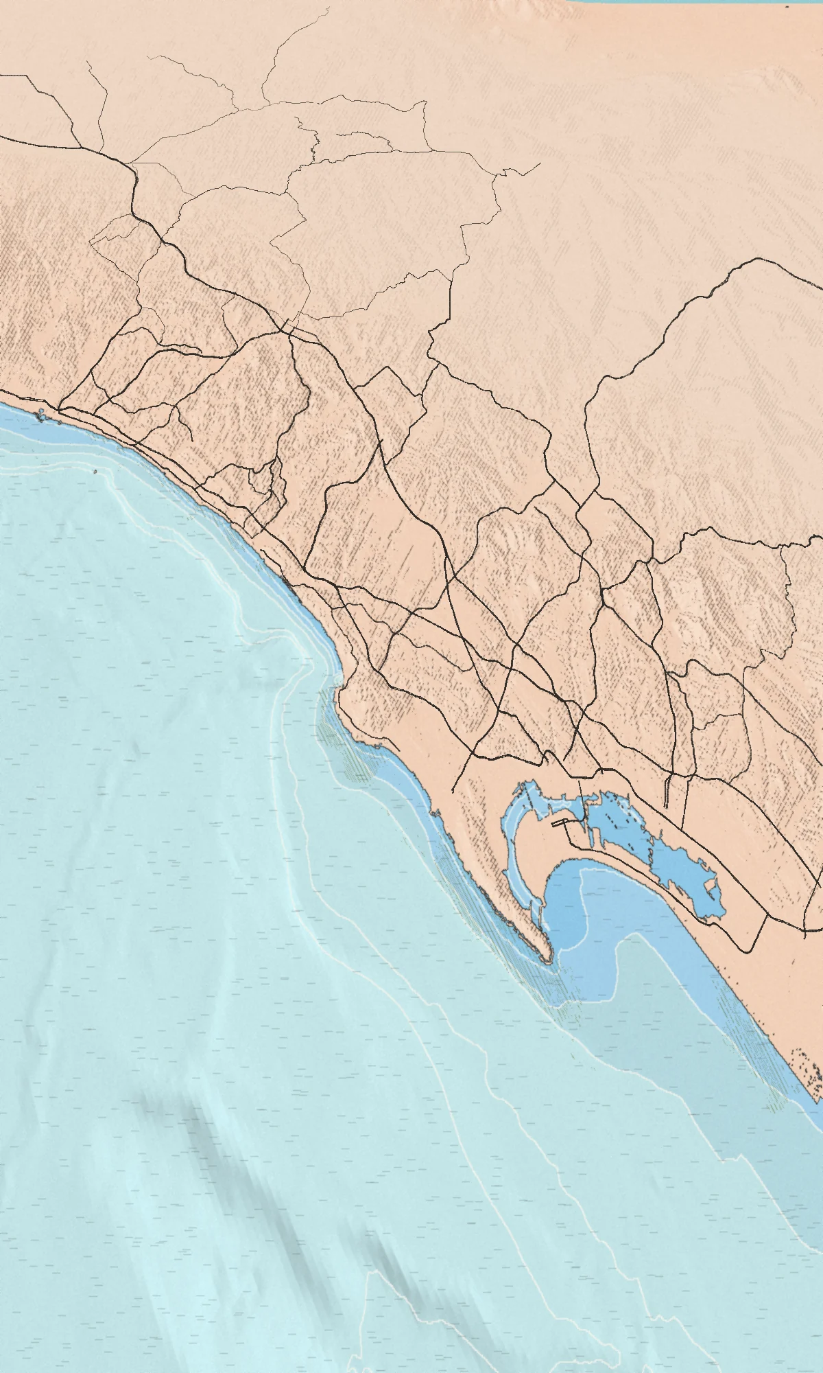 Illustrated bird's-eye map of the San Diego coast, drawn from real elevation and seafloor data