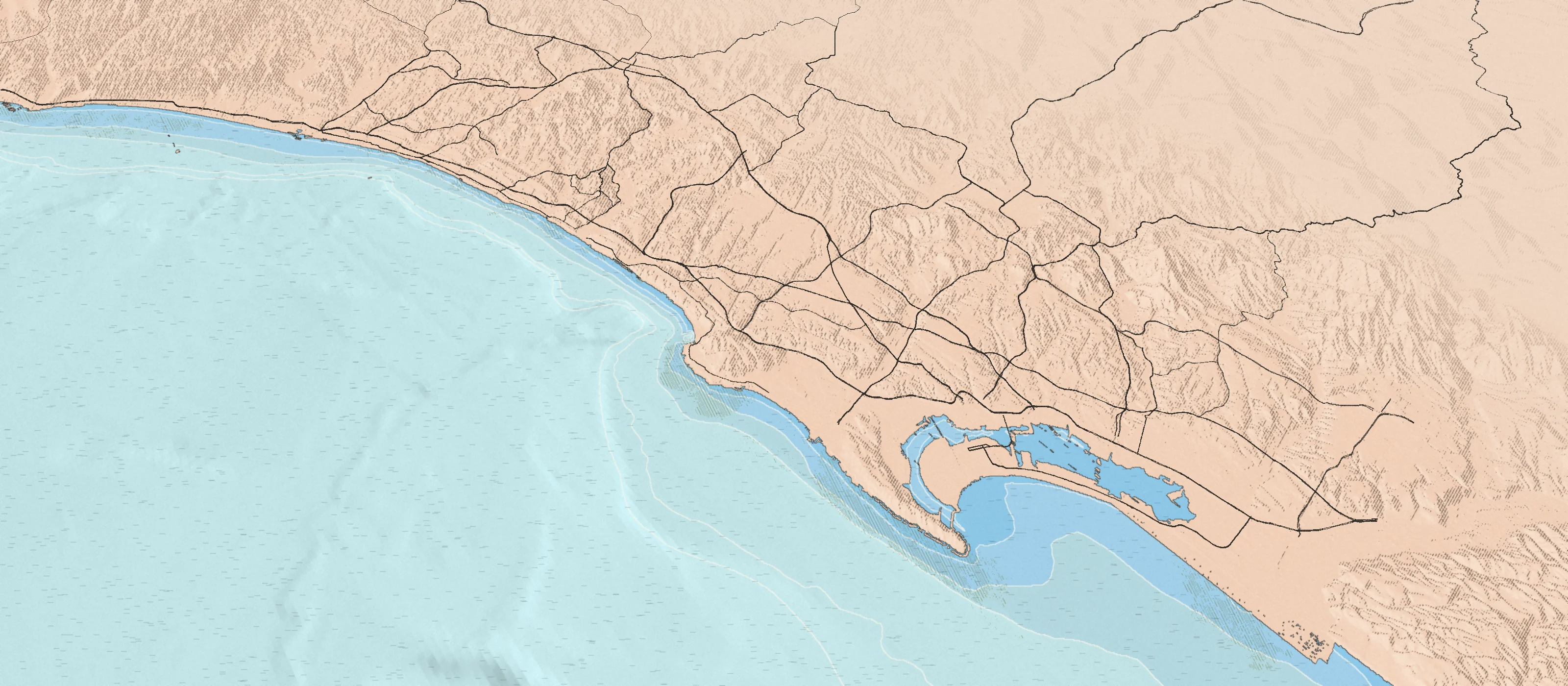 Illustrated bird's-eye map of the San Diego coast, drawn from real elevation and seafloor data