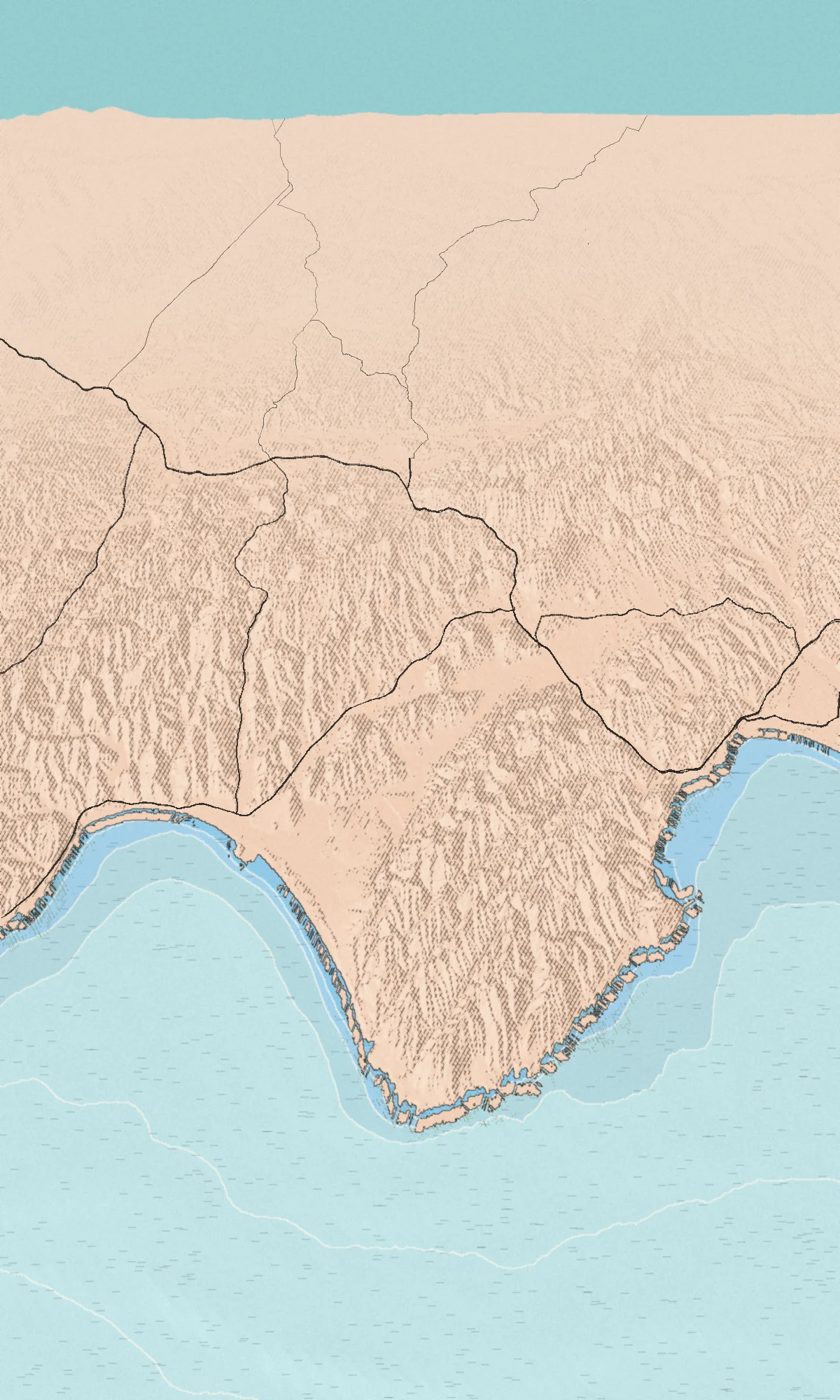 Illustrated bird's-eye map of the San Luis Obispo Coast coast, drawn from real elevation and seafloor data