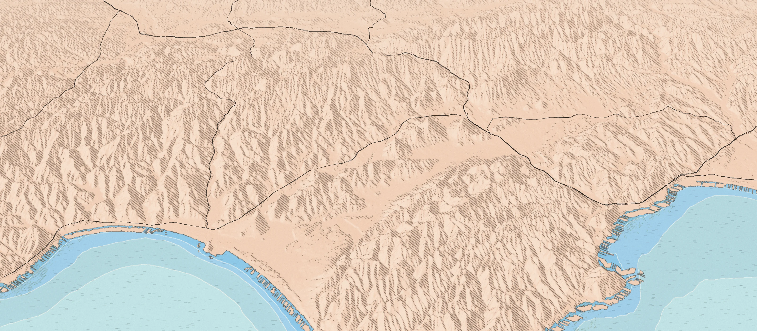 Illustrated bird's-eye map of the San Luis Obispo Coast coast, drawn from real elevation and seafloor data
