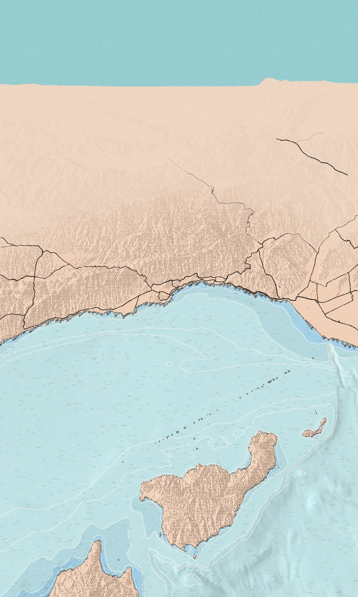 Illustrated bird's-eye map of the Santa Barbara Channel coast, drawn from real elevation and seafloor data