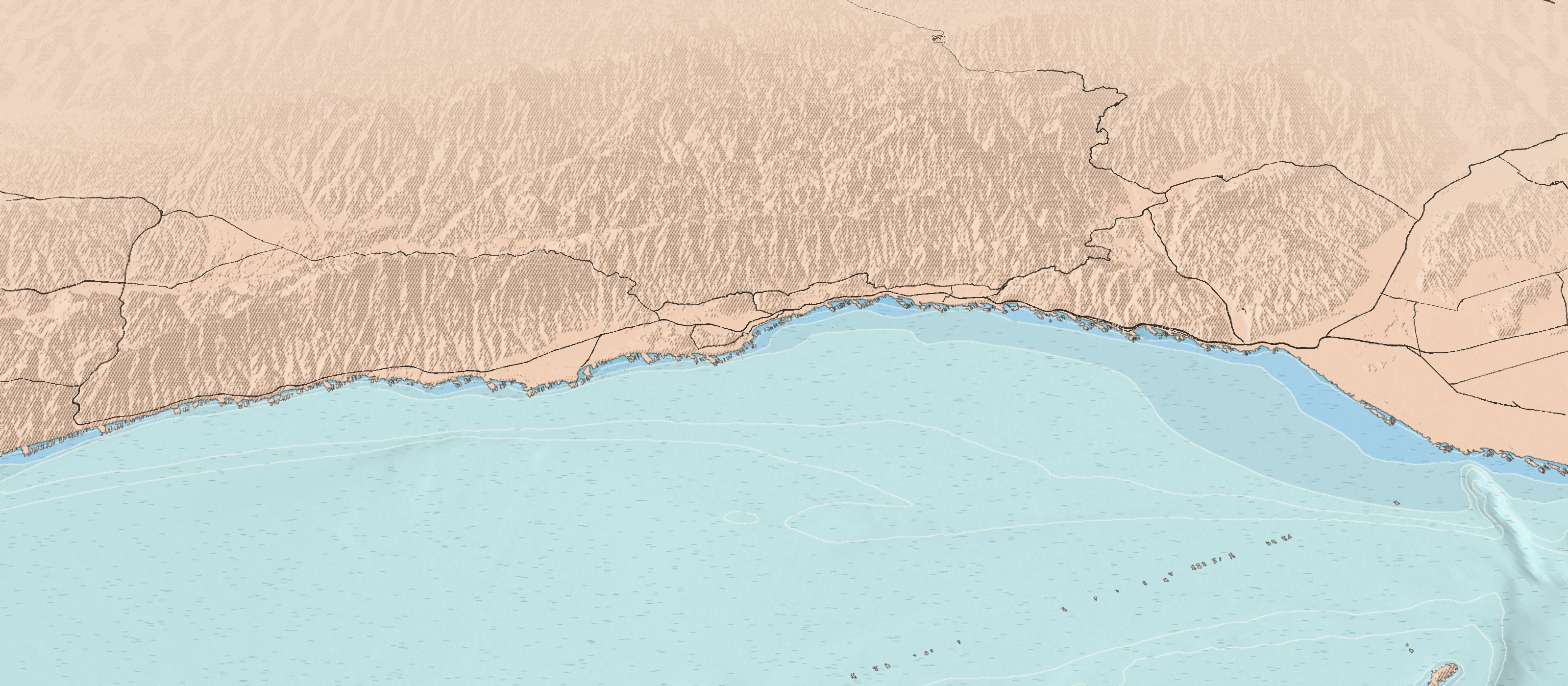Illustrated bird's-eye map of the Santa Barbara Channel coast, drawn from real elevation and seafloor data