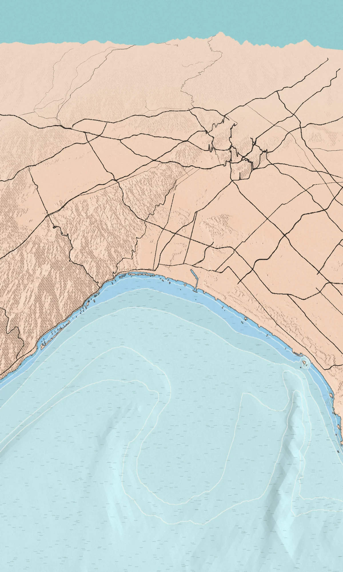 Illustrated bird's-eye map of the Santa Monica Bay coast, drawn from real elevation and seafloor data