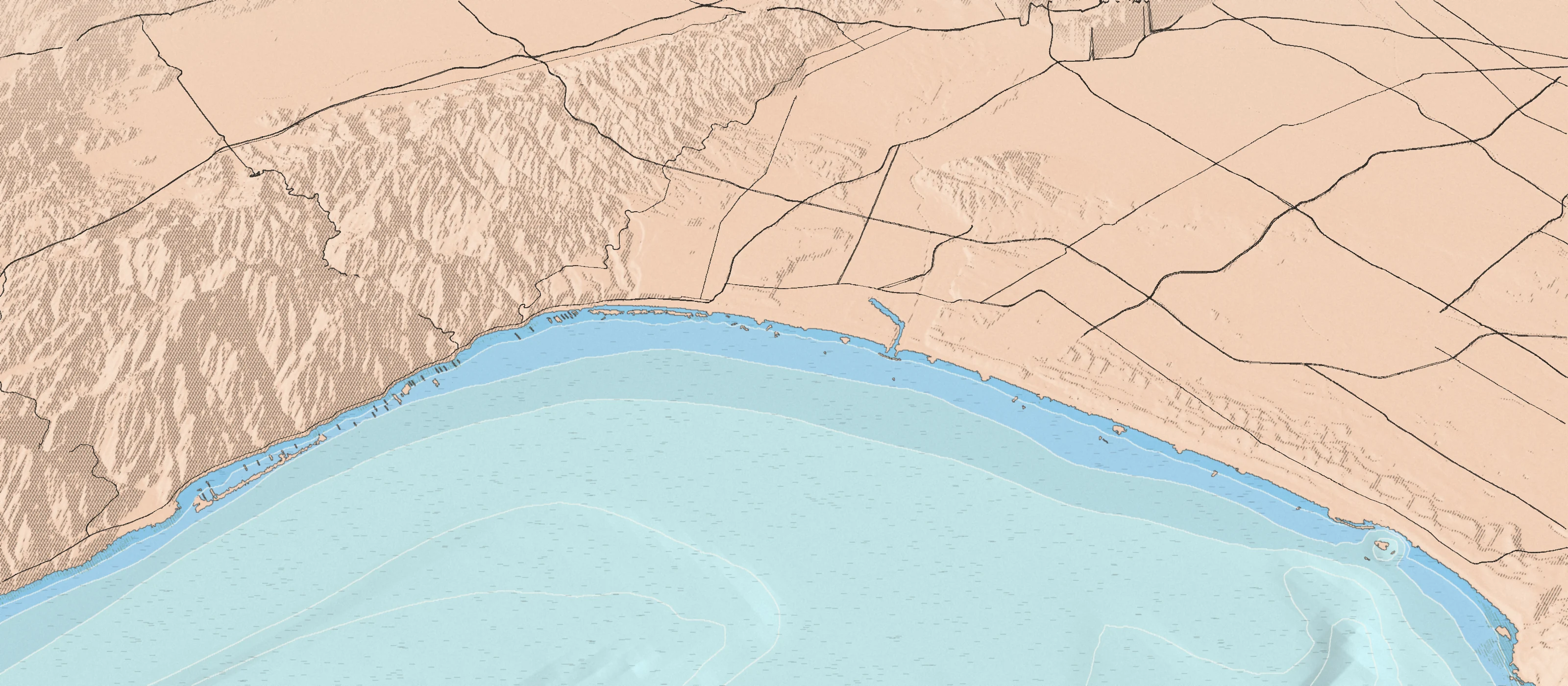 Illustrated bird's-eye map of the Santa Monica Bay coast, drawn from real elevation and seafloor data