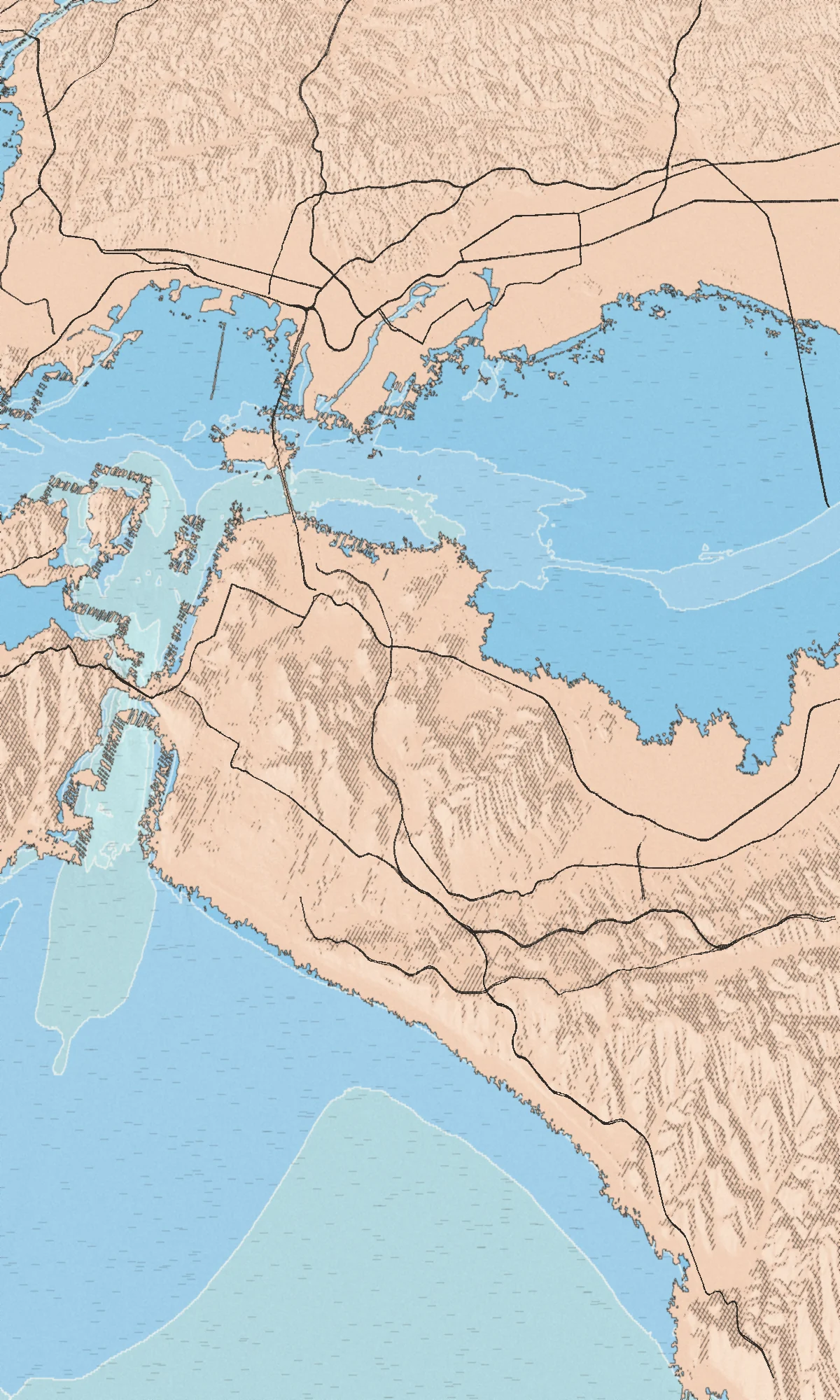 Illustrated bird's-eye map of the San Francisco Bay & Pacifica coast, drawn from real elevation and seafloor data