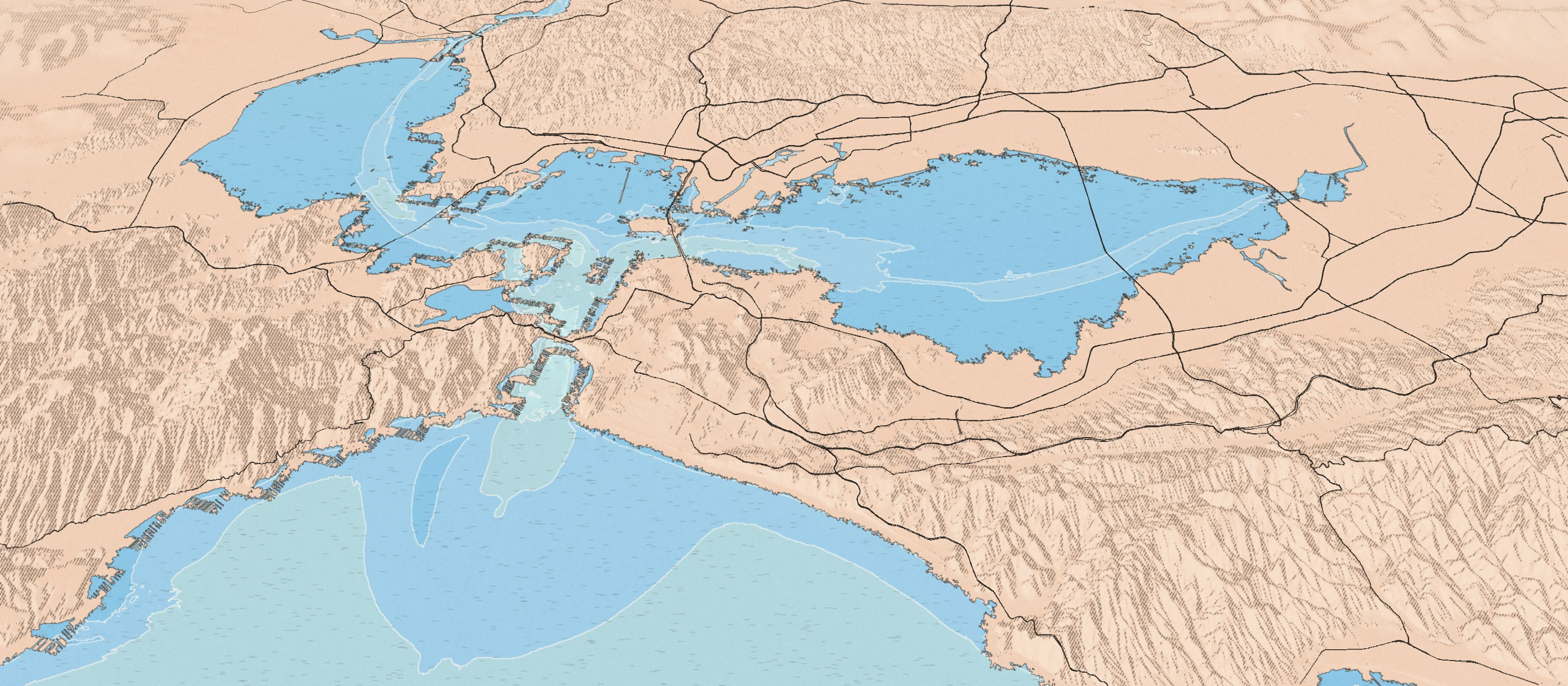Illustrated bird's-eye map of the San Francisco Bay & Pacifica coast, drawn from real elevation and seafloor data